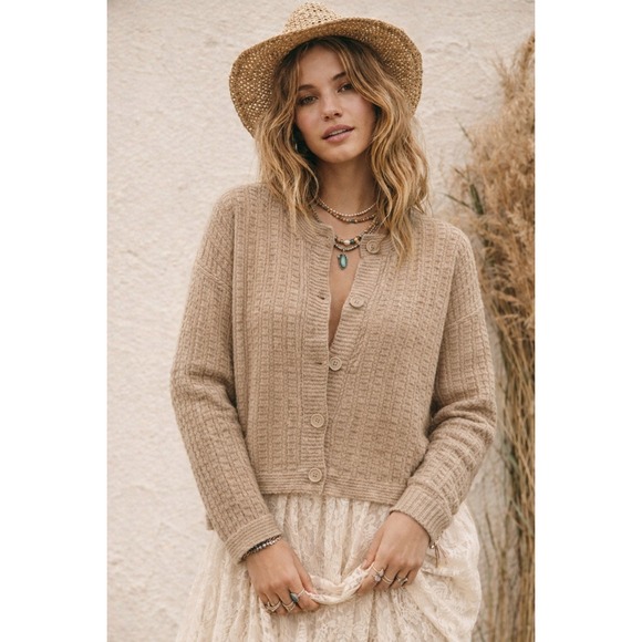Max Studio London Sweaters - Max Studio London Textured Wool Blend Waffle Knit Cardigan Sweater XL Beige Boho